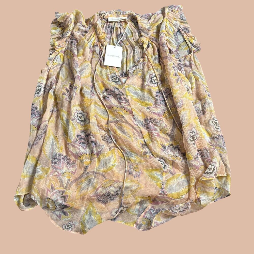 Zimmermann Illustration Blouse Top Womens 3 Multicolor Floral Frilled Cap Sleeve - Picture 2 of 11